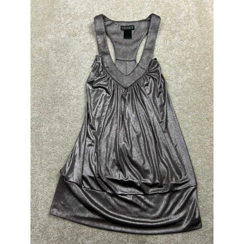 Venus Metallic Shimmer Tank Top M Pewter Silver Racerback Bubble Hem Party Glam